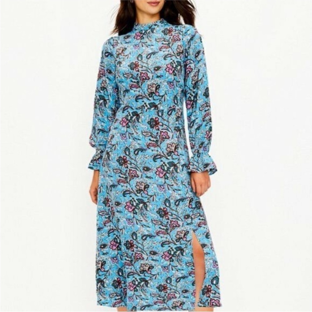 LOFT Bouquet Blue and Pink Floral Mock Neck Midi Dress. NWT